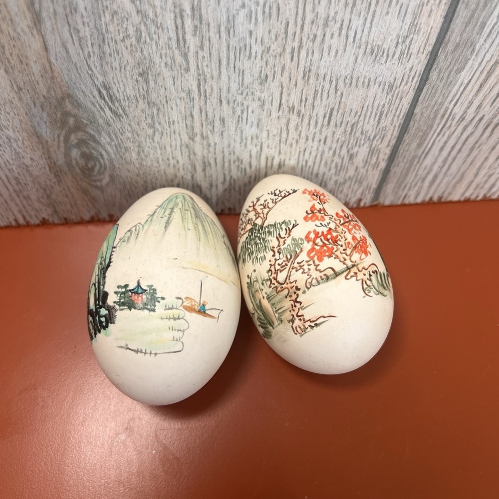Lot of 2 Vintage Chinese Hand-Painted Nature Landscape Scene Eggs Signed